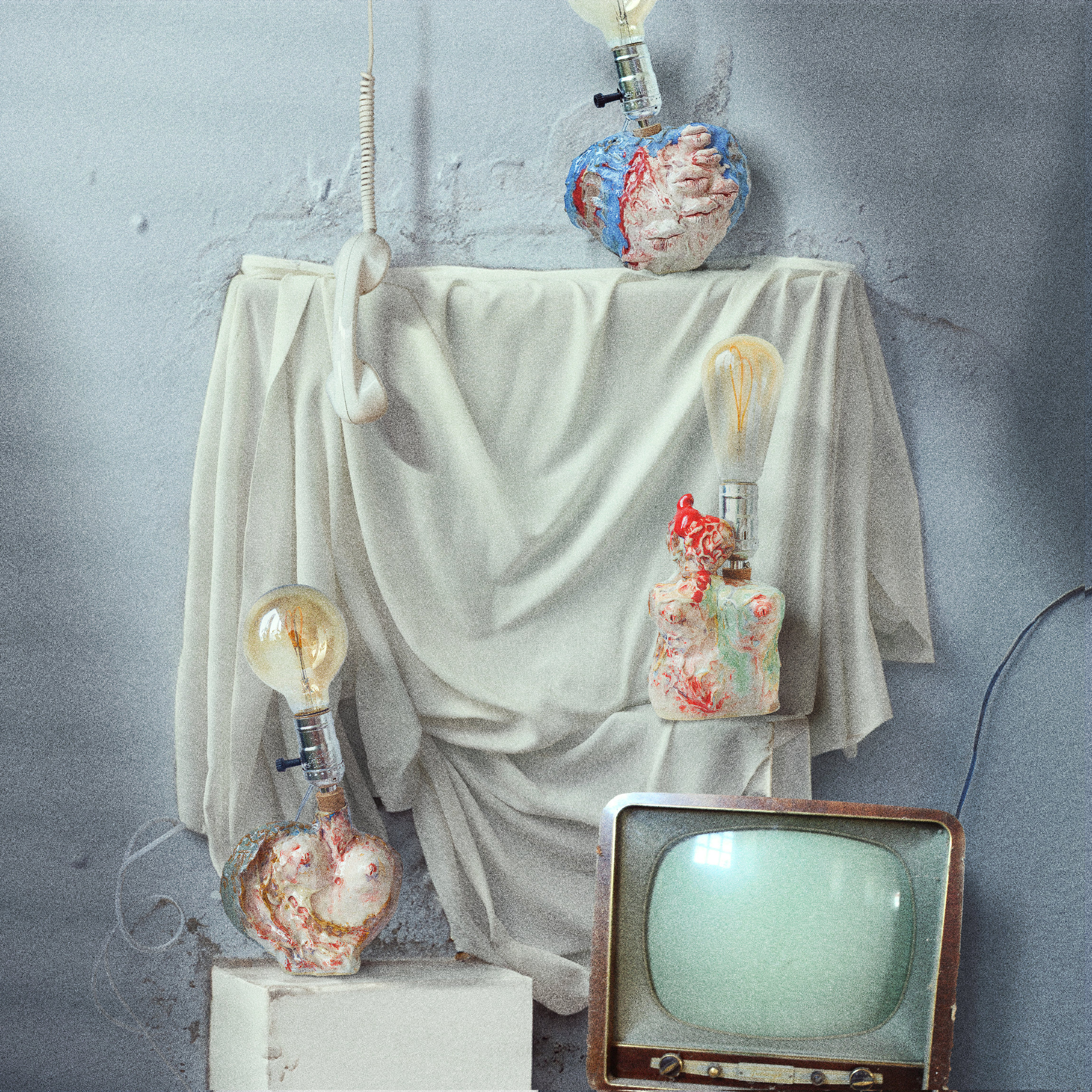 An art installation featuring a collection of ceramic sculptural lamps by artist Hoang-Dan Pham for Hand-Fetish-Projects. Set against a textured grey wall with draped white fabric, three organic, fleshy, and heart-shaped ceramic lamps with glowing vintage Edison bulbs are displayed at different levels. The composition includes a vintage wooden television set on the floor and a retro white telephone receiver hanging from above, creating a surrealist, postmodern still life.